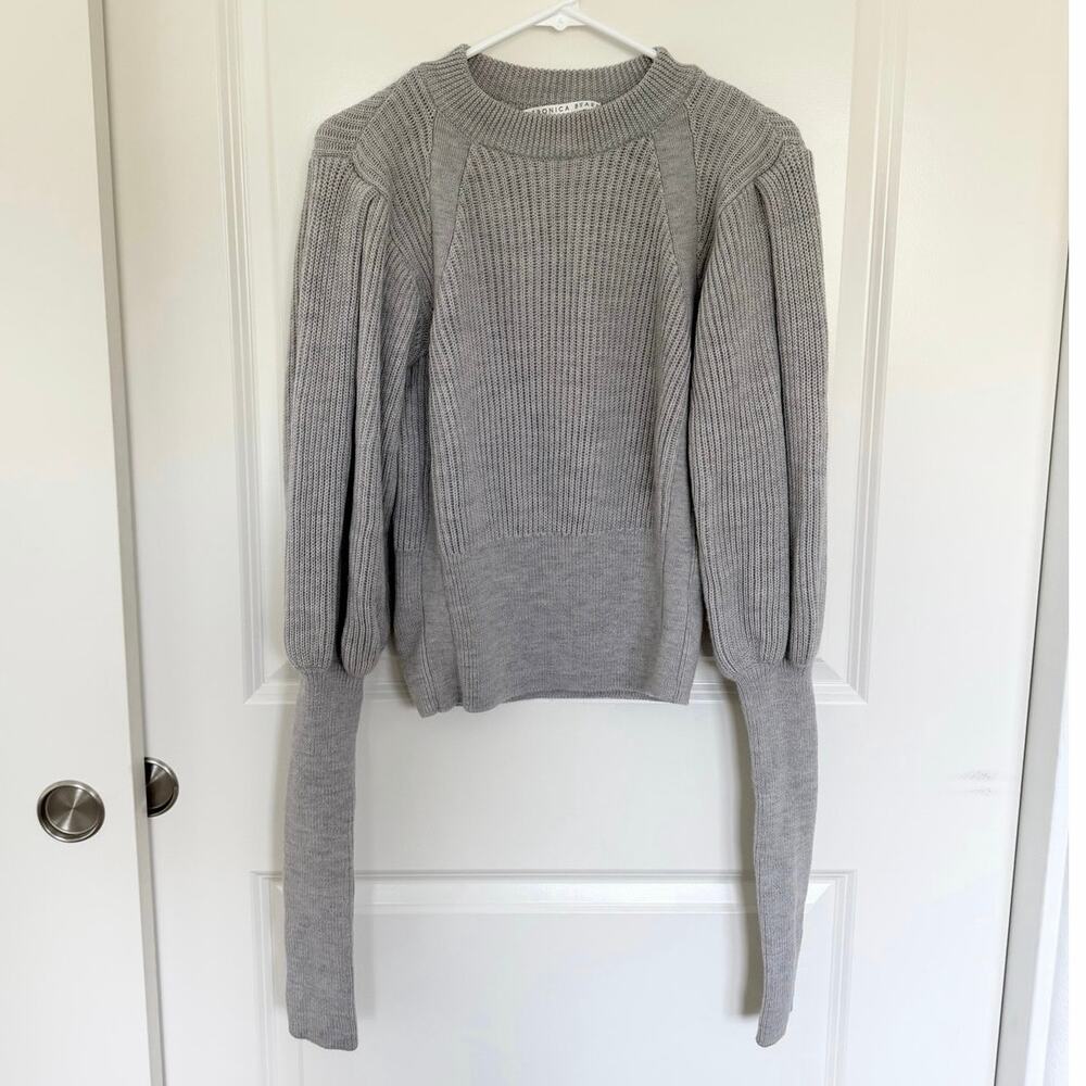 Veronica Beard Merino Wool Blouson Sleeve Ribbed Sweater Gray Large